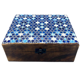 Grande Boîte en Bois Émaillé en Céramique - 20x15x7.5cm - Étoiles Bleues