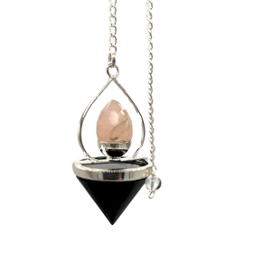 Pendule Lanterne de Vie en Pierres Précieuses - Agate Noire et Quartz Rose