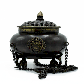 Brûleur tibétain en laiton Lrg - Pot suspendu à quatre symboles