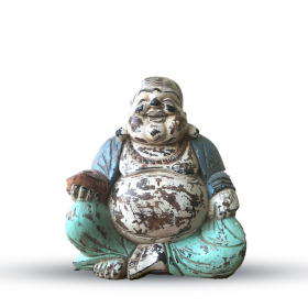 Statue de Bouddha sculptée à la main à la menthe bleue vintage - 30 cm - Happy Buddha