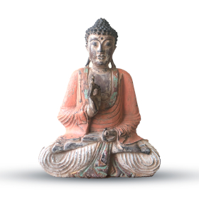 Statue de Bouddha sculptée à la main orange vintage - 40 cm - Transmission pédagogique