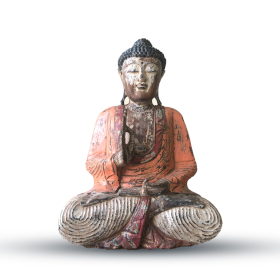 Statue de Bouddha sculptée à la main orange vintage - 60 cm - Transmission pédagogique
