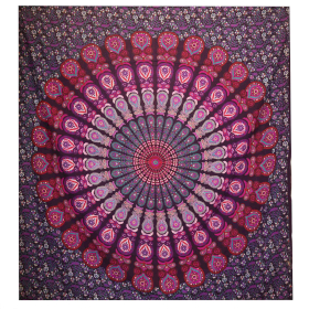 Couvre-lit en coton double + tenture murale - Mandala Paon - Violet