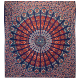 Couvre-lit en coton double + tenture murale - Mandala Paon - Bleu