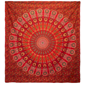 Couvre-lit en coton double + tenture murale - Mandala Paon - Rouge