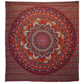 Couvre-lit en coton double + tenture murale - Mandala Classique - Orange/Bleu