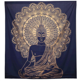 Couvre-lit en coton double + tenture murale - Bouddha - Or Bleu