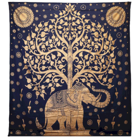 Couvre-lit en coton double + tenture murale - Éléphant & Arbre - Or Bleu