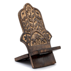 3x Supports Téléphone en Bois Sculpté - Hamsa 20x9,5 cm