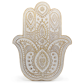 Plaque Murale Hamsa en Bois de Manguier - Finition Blanchie