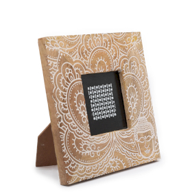 Petit cadre photo en bois de manguier (pour 10x15cm) 20x20x2cm - Bouddha - Blanc