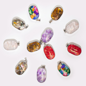 12x Pendentifs Encastrés en Acier - 12 Pépites de Gemmes et Coquillages Assortis en Forme Ovale