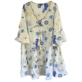 Nomad Sari - Robe Blanc, Bleu & Design Œil Maléfique Doré