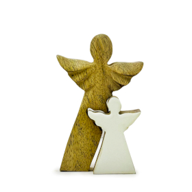 Ange en bois de manguier avec ange imbriqué  – Émail blanc – 15 cm