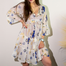 Nomad Sari - Robe Blanc, Bleu & Design Œil Maléfique Doré