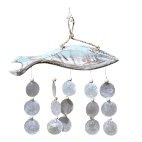 Sculpture de Poisson Bleu Lavé et  Verre Coquille Capiz Naturelle