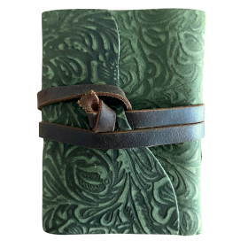 Carnet cuir épais bords frangés (12,5x9 cm) – Motif labyrinthe vert