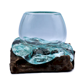 Mini bol poisson rouge en verre soufflé sur bois – 20 cm